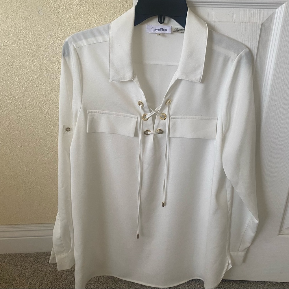Calvin Klein White Lace-Up Blouse SZ S